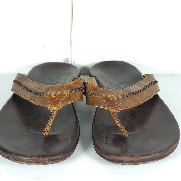 Olukai Men\'s Mea Ola US12 Brown Leather Embroidered Slip On Flat Thong Sandals main image 15